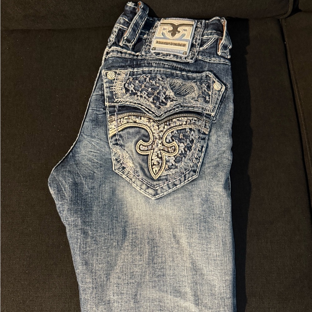 Rock Revival Distressed Blue Jeans with Embroidered Pockets